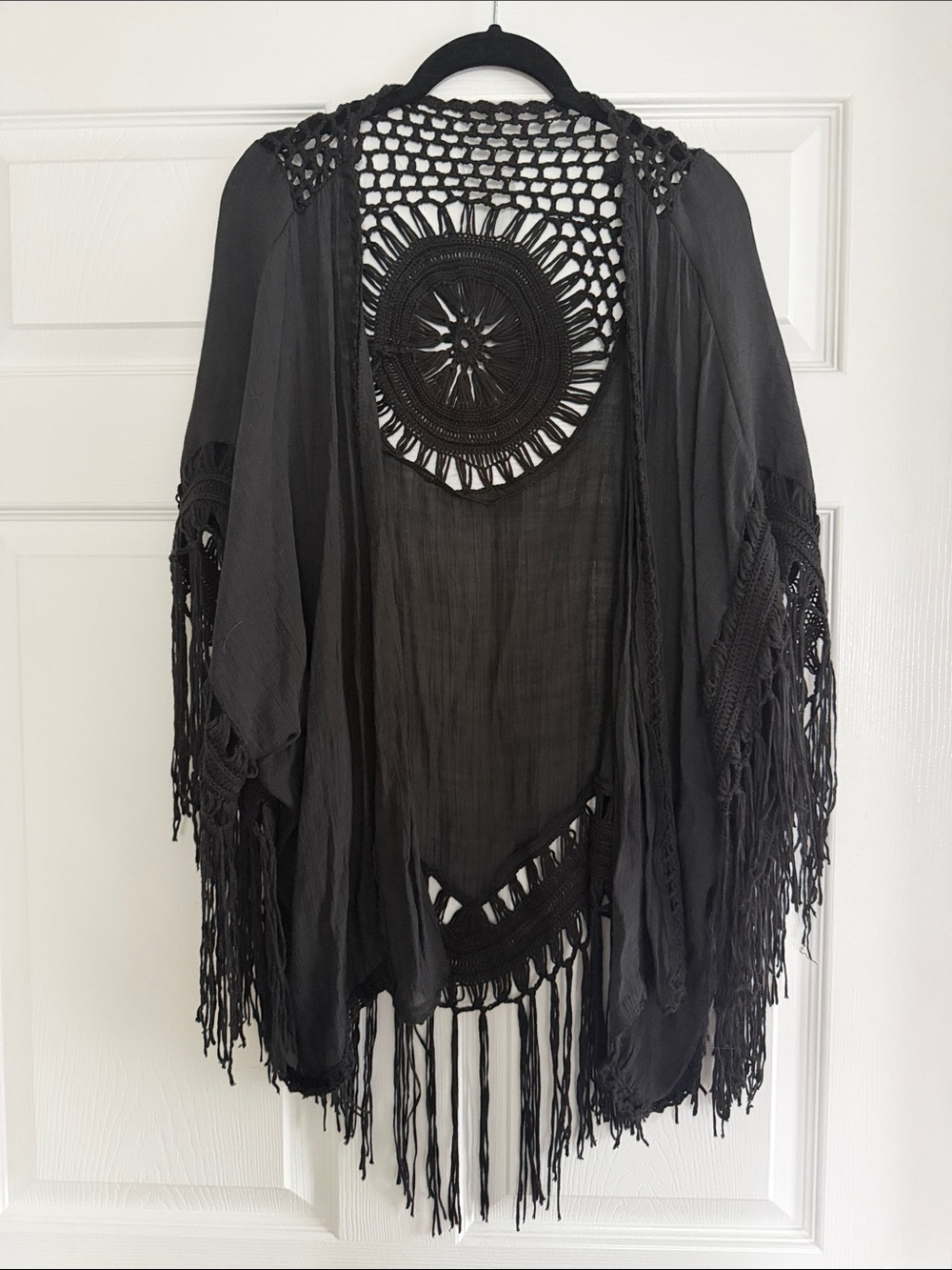 Black Fringe Crochet Kimono Wrap S M L